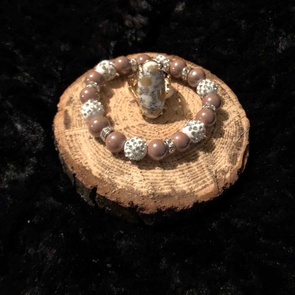 NEW•Zen Bohemian Boho Chic Sand & Stone Bracelet/ Marbled Ring Set